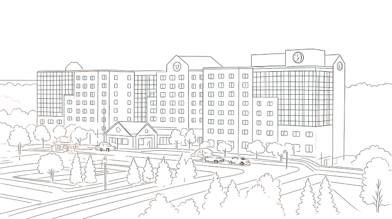 Line drawing of the Hilton Short Hills hotel